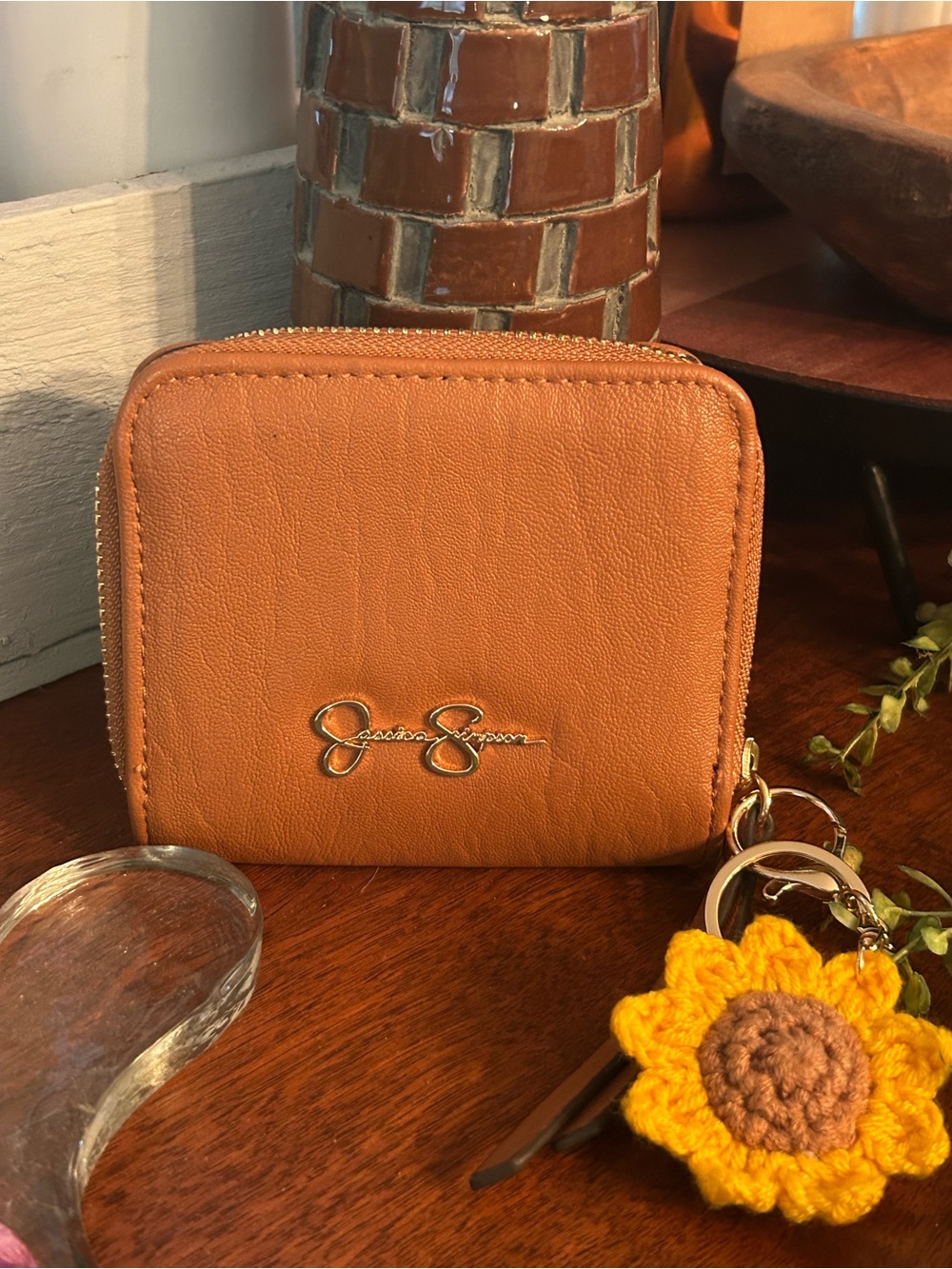 Jessica Simpson Cognac Leather Zip-Around Wallet & flower key chain